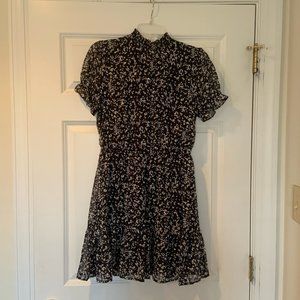 Crystal Doll Short Sleeve Mock Neck Black Dress with Cinched Waist Size Medium